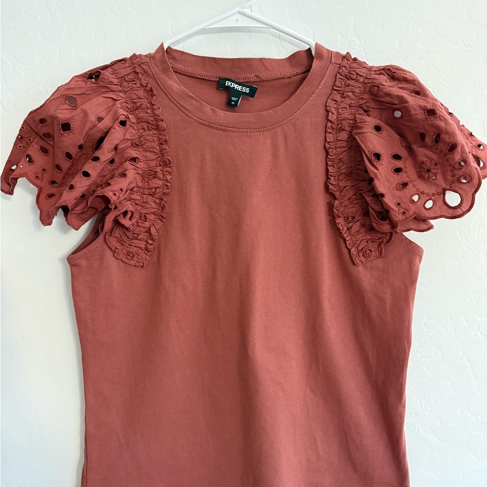 Express Rust color Eyelet Crew Neck Puff Sleeve Top.